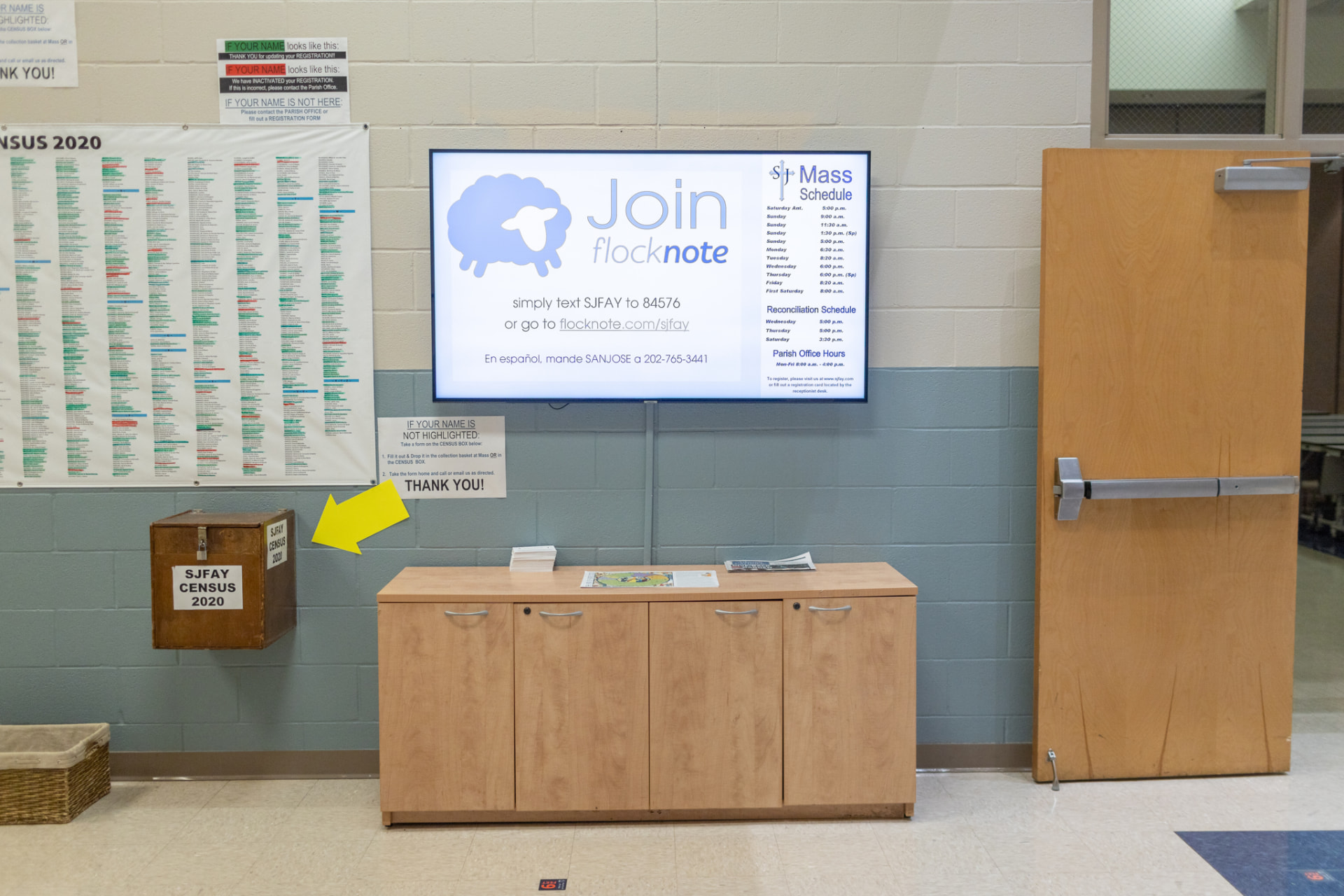 Digital signage display in a school or community center hallway